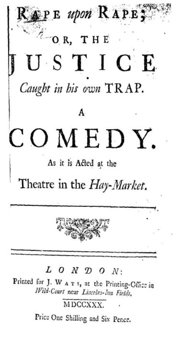 Schwarz-weißes Plakat mit der Aufschrift 'Vergewaltigung auf Vergewaltigung oder die Gerechtigkeit, die in ihrer eigenen Falle gefangen ist' in fetter schwarzer Schrift, wahrscheinlich Ankündigung einer Comedy-Show.