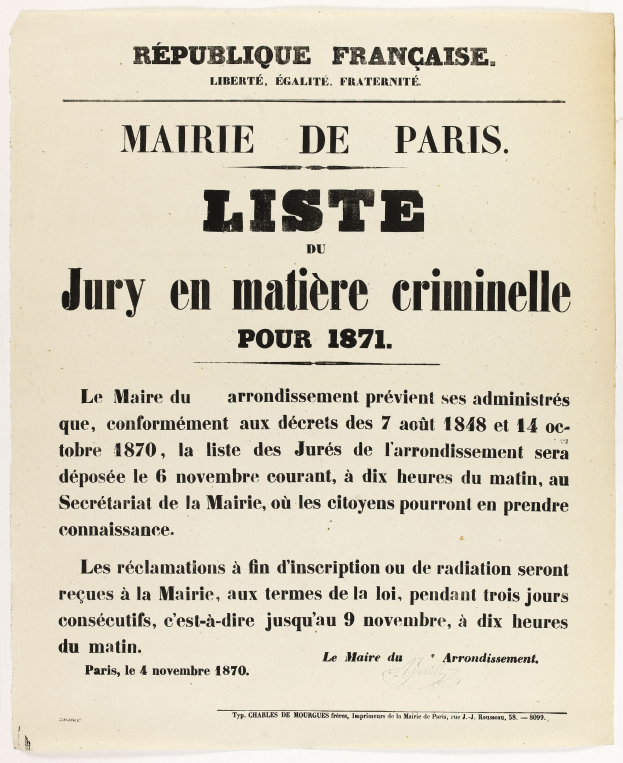 Schwarze und weiße französische Zeitungsanzeige für die 'Marie de Paris Liste Jury en Matiere Criminelle' vom 1871, die Textliste der Jurymitglieder zeigt.