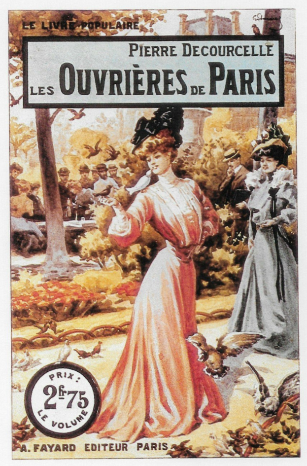 Plakat für "Les Ouvrières de Paris" von Pierre Decourcelle, zeigt eine zentrale Frau umgeben von Menschen, Bäumen und Vögeln mit Text.