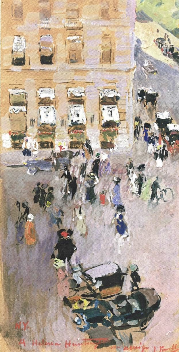 Gemälde einer belebten Straße in New York City mit Passanten, Fahrzeugen, einem Gebäude im Hintergrund und Text unten.