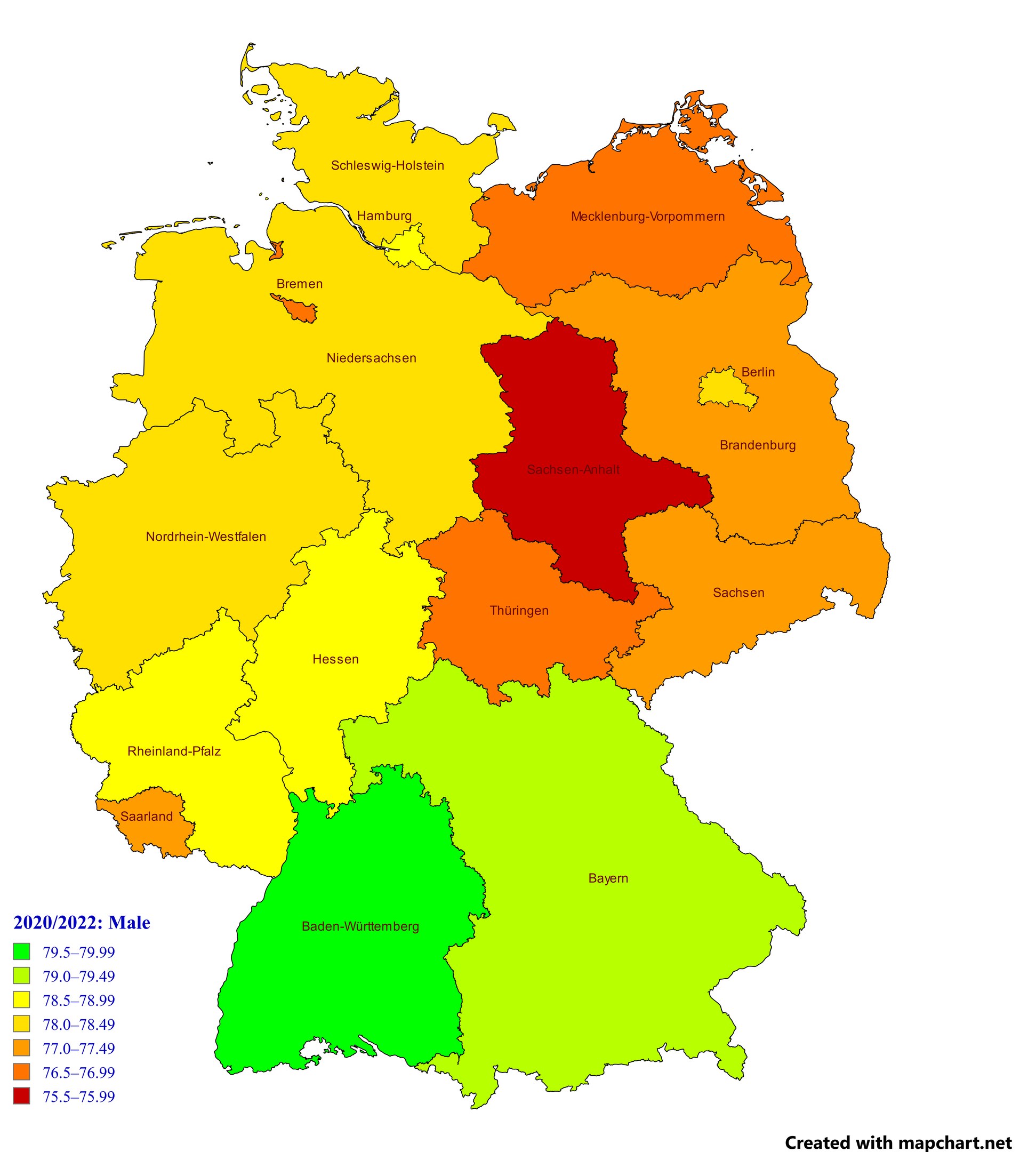 Eine Deutschlandkarte in verschiedenen Farben, die den prozentualen Anteil der Bevölkerung in jedem Gebiet anzeigt, begleitet von erklärendem Text auf der linken Seite.