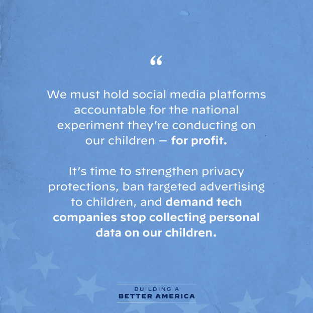 Plakat mit einem Zitat aus Building a Better America, das besagt: "Wir müssen die sozialen Medien-Plattformen für das nationale Experiment zur Verantwortung ziehen, das sie an unseren Kindern durchführen - zum Profit.", verziert mit Sternen.