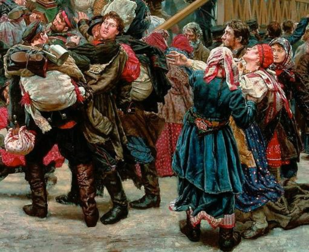 Gemälde, das eine Gruppe von Menschen in traditioneller russischer Kleidung während einer lebhaften, festlichen Szene vor einem Publikum zeigt, wobei einige Gegenstände halten, vor einem hölzernen Haus als Hintergrund, das die russische Revolution suggeriert.