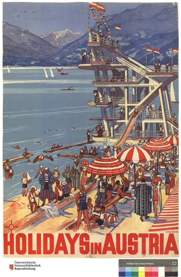 Plakat, das Urlaube in Österreich bewirbt, zeigt Menschen am Strand mit Schirmen, ein Schiff im Hintergrund, Fahnen, Berge und Text.