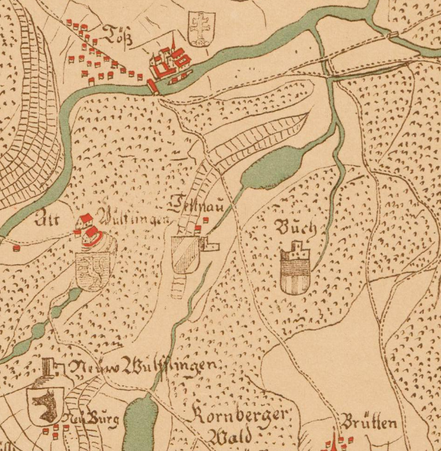 Ein detaillierter alter Stadtplan von Berlin, Deutschland, der die Schlacht am Rhein zeigt, mit beschrifteten Städten, Dörfern und dem Flussverlauf sowie begleitendem Text.