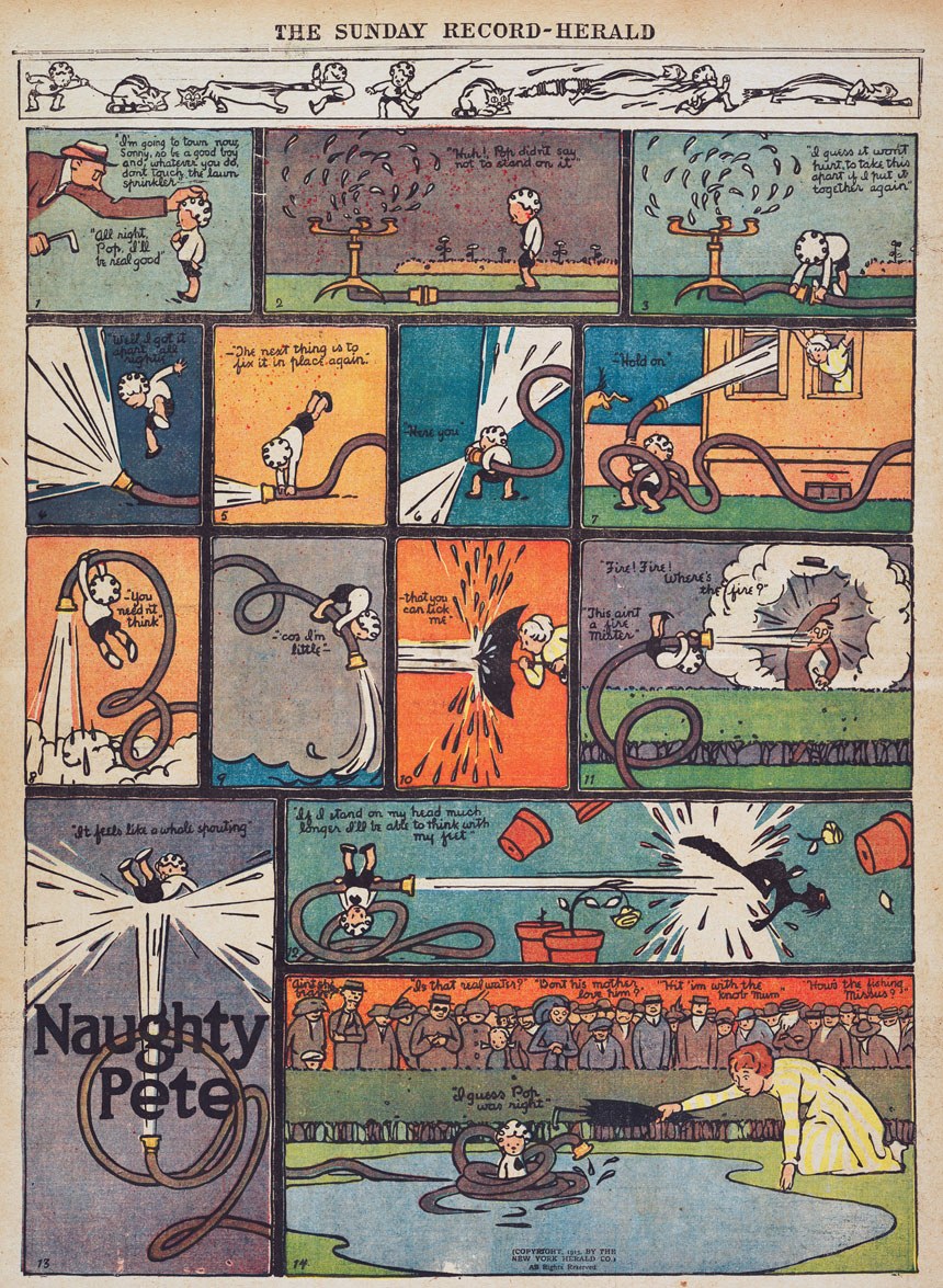 Cartoon eines Mannes in einem Anzug in einem Comic-Heft umgeben von narrativem Text.