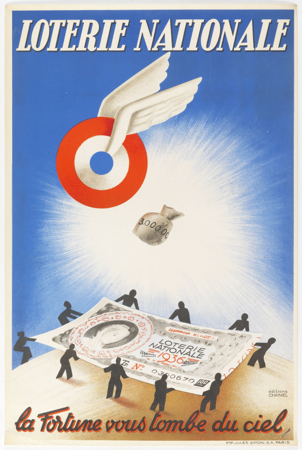 Nationaler Lotterieplakat mit einem Vogel, der über einen Geldhaufen fliegt und Werbetext.