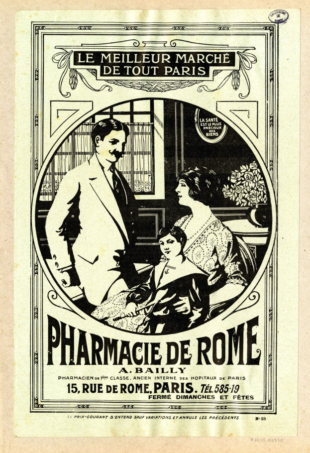 Eine alte Werbung f├╝r eine Apotheke in Rom, die einen Mann und eine Frau zeigt, die nebeneinanderstehen und von der Apotheke und ihren Dienstleistungen sprechen.