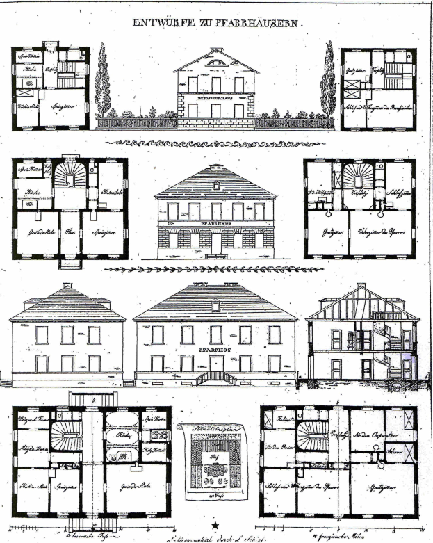 Schwarzes und weißes Architekturzeichnung eines Hauses mit zahlreichen Fenstern, umgeben von Bäumen, beschriftet mit "Pläne für ein Haus in Deutschland".