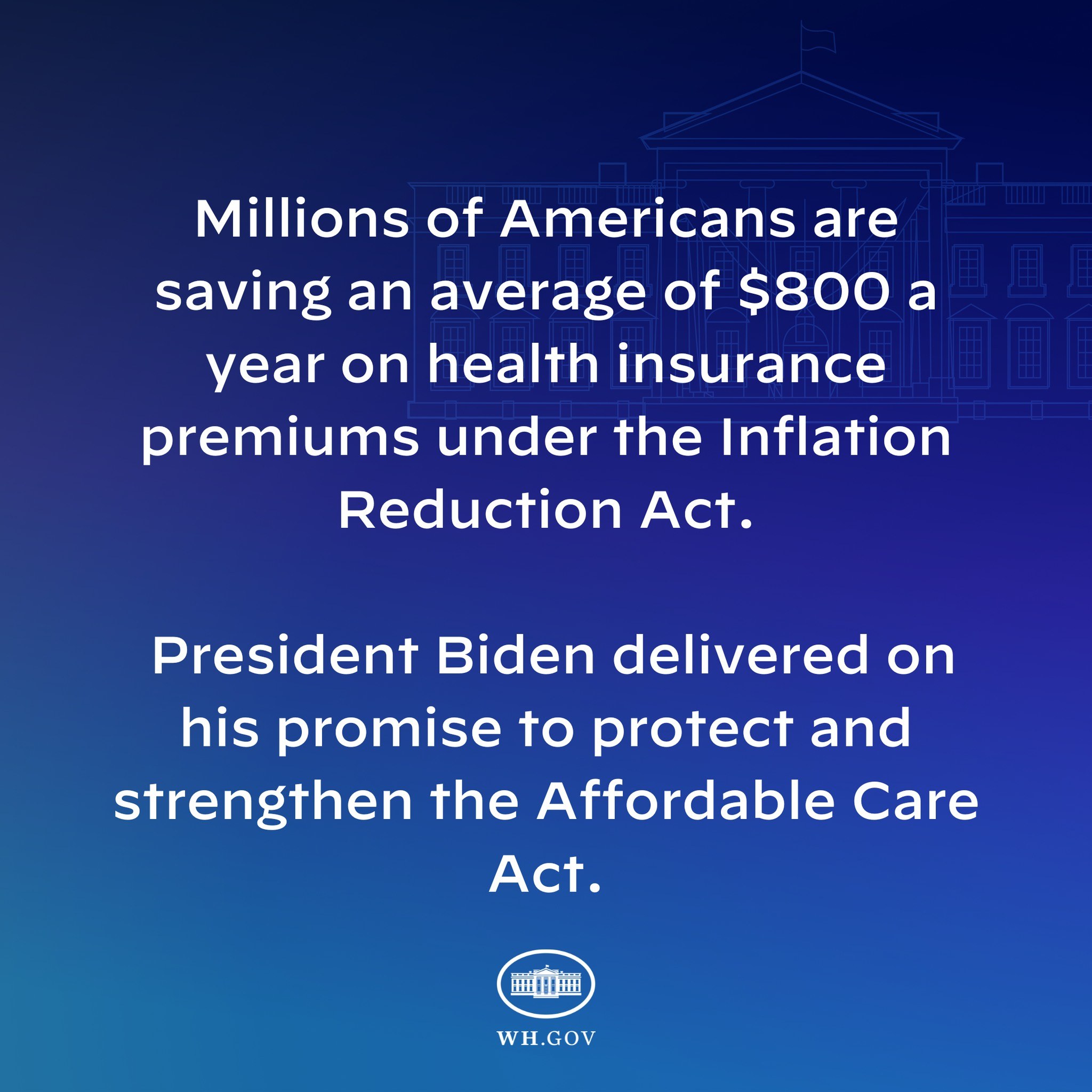 Blauer Hintergrund mit weißer Schrift, die besagt, dass Millionen von Amerikanern durchschnittlich 800 USD pro Jahr an den Gesundheitsversicherungsprämien unter dem Inflation Reduction Act sparen, mit einem Logo in der Mitte.