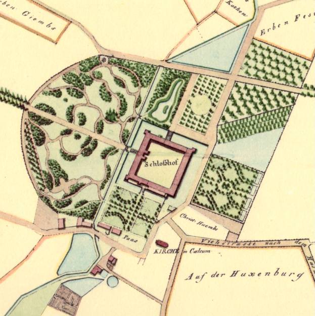 Ein altes Stadtplan von Hamburg, Deutschland, mit Bäumen, Pflanzen und einem zentralen Gebäude sowie beschreibendem Text über die Stadt.