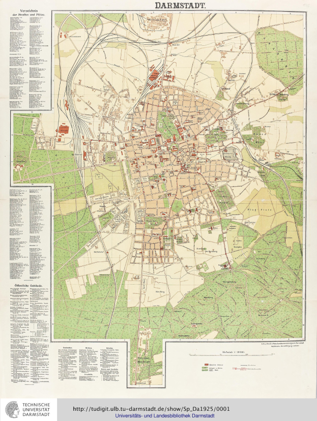 Ein detailliertes altes Stadtplan von Darmstadt, Deutschland, der Straßen, Gebäude, Sehenswürdigkeiten und Text enthält, der Informationen über die Bevölkerung, Sehenswürdigkeiten und Straßen der Stadt bereitstellt.