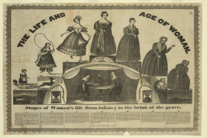 Eine farbenfrohe Papierreproduktion, die die Phasen des Lebens einer Frau von der Kindheit bis zum Alter darstellt, mit fetter Schrift und detaillierten Elementen.