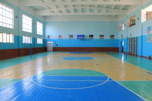 Großer Turnsaal mit blau-weißem Boden, Basketballfeldmarkierungen, einem Basketballkorb mit Netz, Stützpfosten, einer Tür, Fenstern, Wandplakaten, einem Geländer und einem Dach.