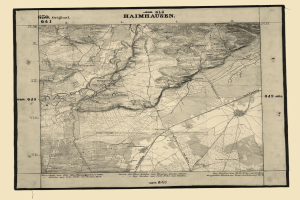 Ein detaillierter, alter Papierplan von Haimhausen, Deutschland, mit Text, der Informationen über die Stadt enthält.