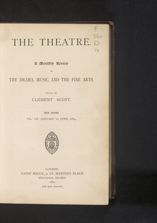 Offenes Buch mit der Aufschrift "The Theatre: A Monthly Review of the Drama, Music, and the Fine Arts"