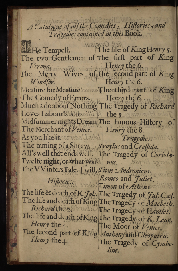 Ein aufgeschlagenes Buch mit schwarzem Hintergrund und Text in einer sauberen, geschwungenen Schrift, umgeben von einem dekorativen Rahmen, das ein Verzeichnis von Komödien, Historienschauspielen und Tragödien zeigt.