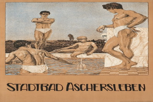 Ein Plakat, das ein Schwimmbad in Aschersleben, Deutschland, bewirbt und Menschen im Wasser zeigt sowie Text über die Annehmlichkeiten des Bades.