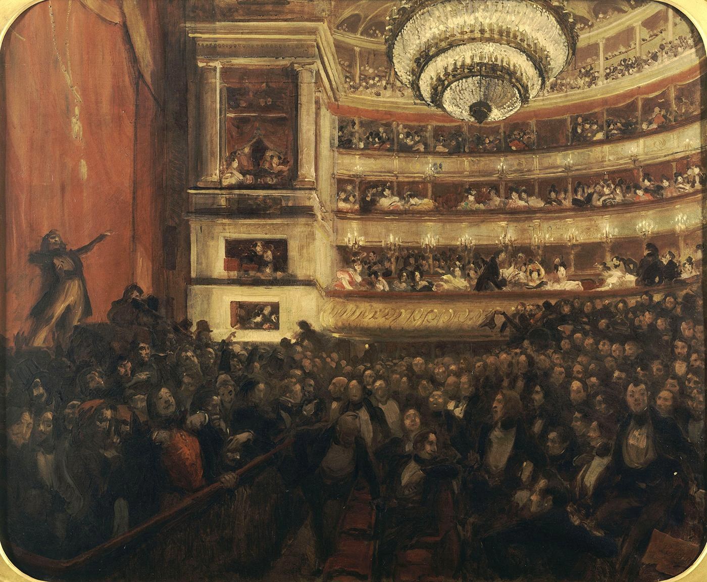 Gemälde mit dem Titel "Das Konzert der Oper", das eine große Zuschauermenge in einem Theater mit einem Kronleuchter zeigt, mit einer stehenden Figur auf der linken Seite.