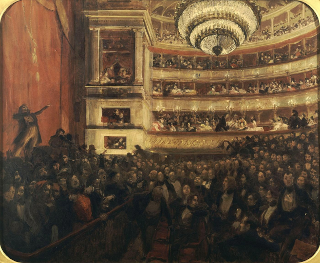 Gemälde mit dem Titel "Das Konzert der Oper", das eine große Zuschauermenge in einem Theater mit einem Kronleuchter zeigt, mit einer stehenden Figur auf der linken Seite.
