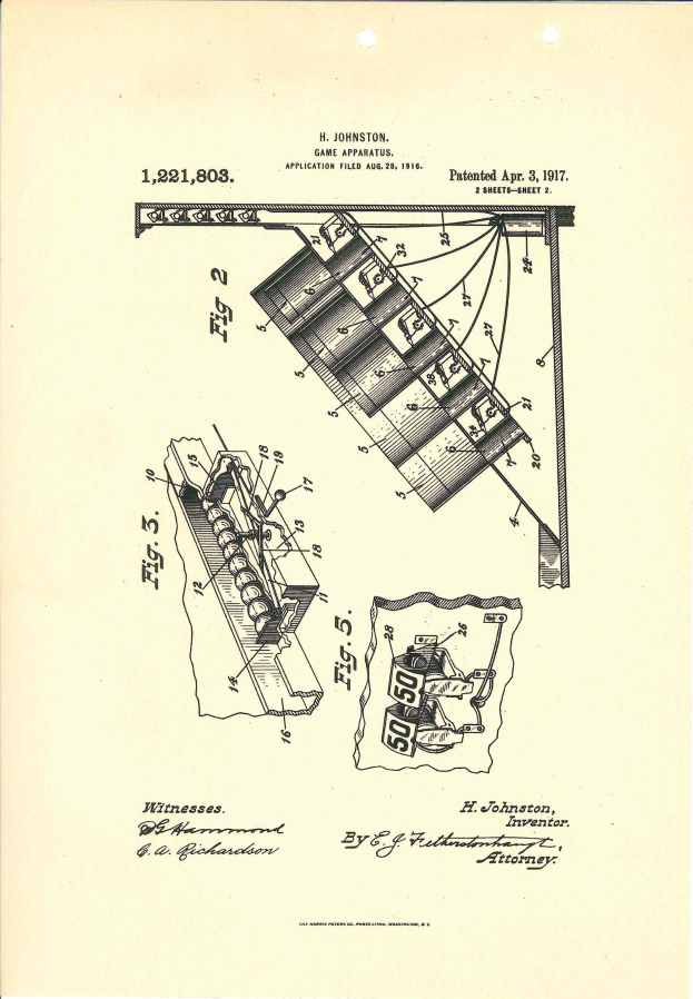 Schwarz-weiß-Diagramm eines patentierten Spielgeräts von einer Buchseite, beschriftet mit "Game Apparatus Patent 1,221,803" mit nummerierten Komponenten.