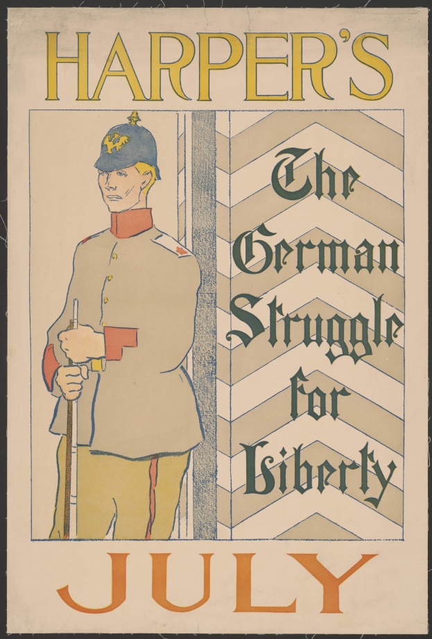 Plakat mit der Aufschrift "Harper's: Der deutsche Kampf um Freiheit Juli" mit einer Person in militärischer Uniform mit entschlossener Miene vor einem hellblauen Hintergrund mit fetter schwarzer Schrift in einem weißen Rahmen.