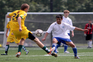 Spieler in gelben und weißen T-Shirts spielen Fussball auf einem Rasenfeld, mit einem Netz, Pfosten und Bäumen im Hintergrund.