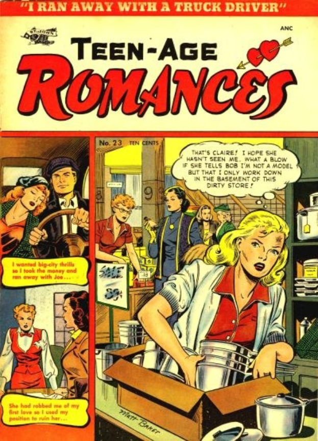 Ein buntes Plakat mit der Aufschrift "Teen-Age Romances 23-A von DC", das eine Gruppe von Menschen in einer fröhlichen, romantischen Umarmung zeigt.