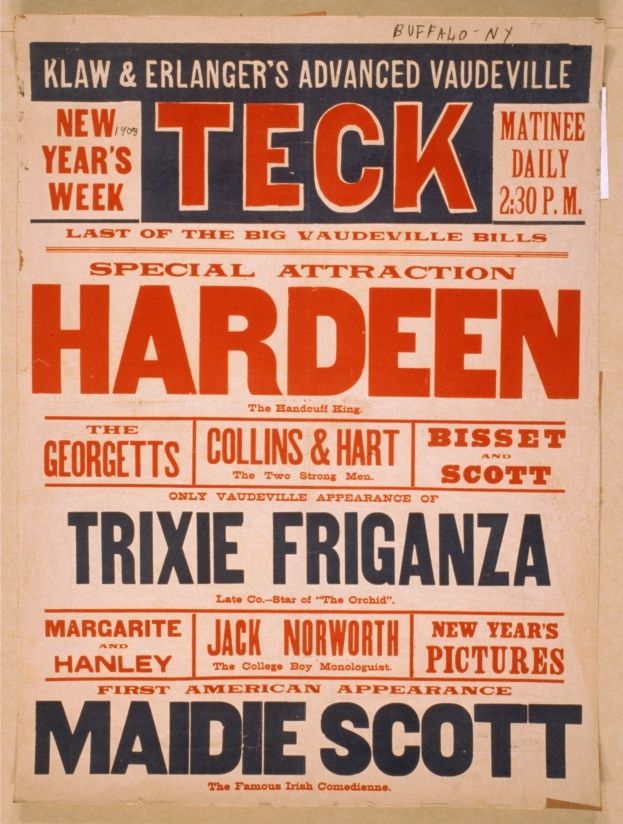 Plakat für ein Neujahrskonzert im Vaudeville Theatre in New York City, das wahrscheinlich das Ereignis ankündigt.