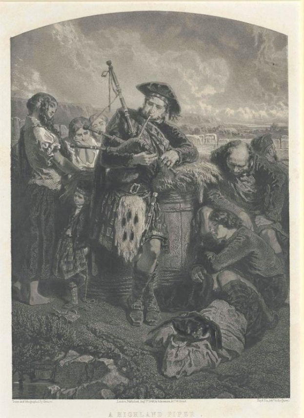 Schwarze und weiße Gravur eines Mannes, der eine Dudelsackpfeife vor einer Gruppe von Menschen spielt, mit einem bewölkten Himmel im Hintergrund und dem Text "Ein Highland-Pfeifer" unten.