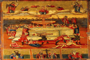 Ikonendarstellung der Christustaufe mit einer Gruppe von Menschen in traditioneller Kleidung um einen Tisch mit einer zentralen Fontäne versammelt, umgeben von Grün unter einem sichtbaren Himmel.