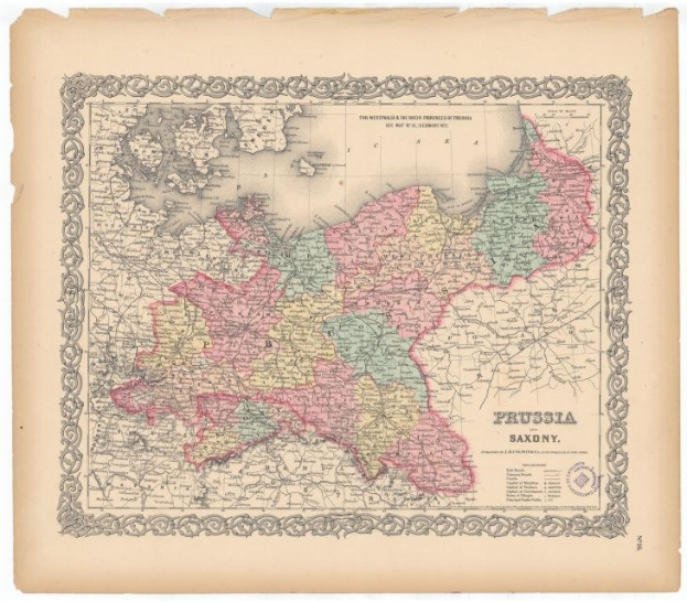 Ein altes Kartenbild von Preußen und Sachsen, das ihre Grenzen zeigt, gedruckt auf Papier.