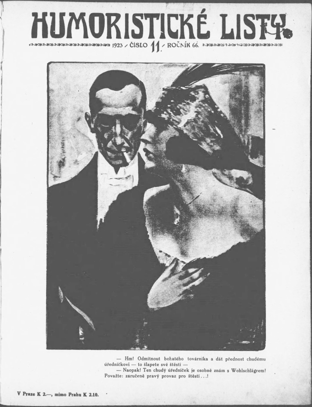 Schwarze und weiße Titelseite der 'Humoristischen Liste'-Zeitschrift mit einem Mann im Anzug mit ernster Miene und einer Frau, die leicht schmunzelnd wegsieht.