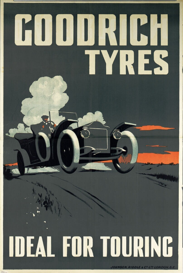 Ein Plakat, das Goodrich-Reifen bewirbt und ein Auto mit einer Person zeigt, sowie Text, der Informationen über das Unternehmen und seine Dienstleistungen enthält.