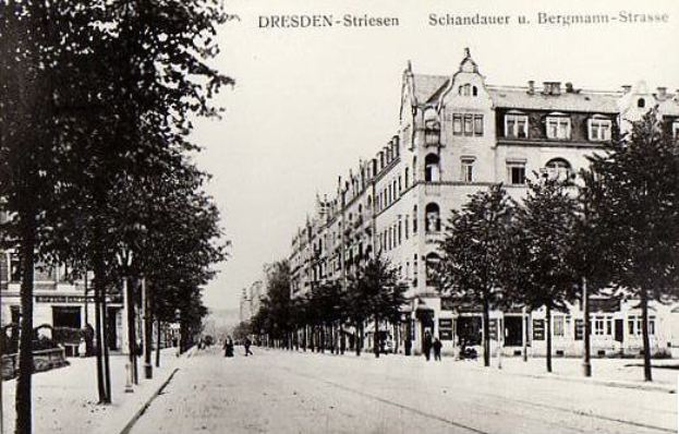 Ein Schwarz-Weiß-Foto einer Stadtstraße in Dresden, Deutschland, das Menschen, Fahrzeuge, Gebäude und Bäume unter einem bewölkten Himmel zeigt, mit Text oben.