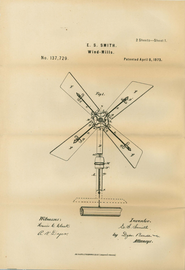 Ein altes Buch mit einer detaillierten Zeichnung einer Windmühle mit sichtbaren Blättern und Propellern, begleitet von beschreibendem Text.