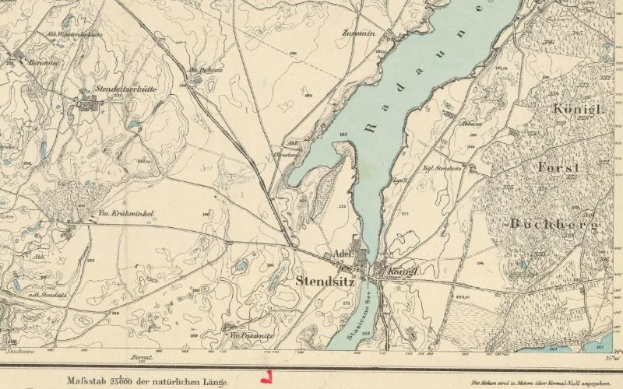 Ein altes Stadtplan von Stendsitz, Deutschland, zeigt Straßen, Gebäude, Sehenswürdigkeiten und einen Fluss, der durch die Stadt fließt, mit Text zu Bevölkerung und Lage.