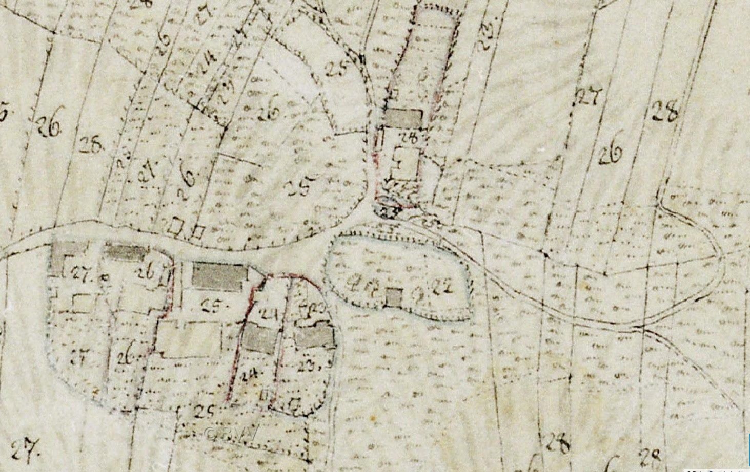 Detailierte alte Stadtkarte mit nummerierten Gebäuden, Straßen und Text, die eine vorgeschlagene Entwicklungsfläche unten zeigt.