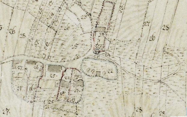 Detailierte alte Stadtkarte mit nummerierten Gebäuden, Straßen und Text, die eine vorgeschlagene Entwicklungsfläche unten zeigt.
