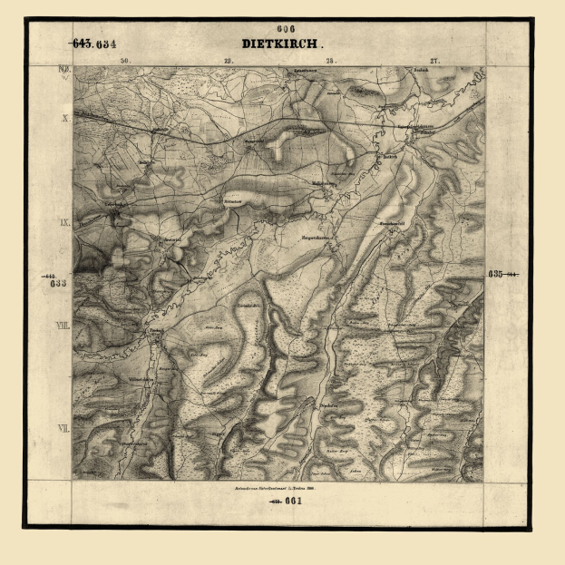 Schwarze und weiße topografische Karte von Dietkirch, Deutschland, gerahmt in einem Fotorahmen mit Text oben und unten.