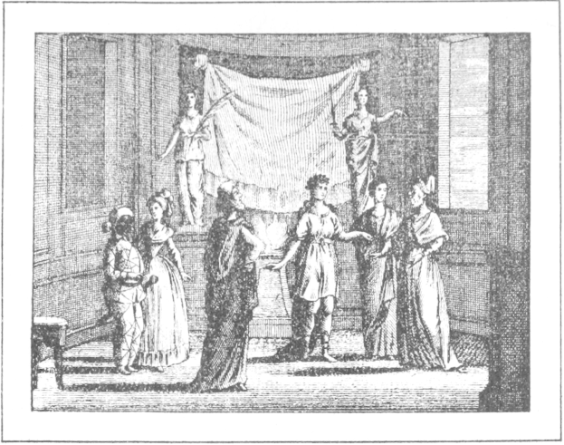 Schwarz-weiß-Zeichnung einer Gruppe von Menschen, die vor einer Bühne mit einem drapierten Tuch und Fenstern im Hintergrund stehen, mit der Beschriftung "The Theatre of the Opera" unten.