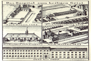 Eine detaillierte Plakatillustration eines deutschen Krankenhauskomplexes mit beschrifteten Gebäuden, Fenstern, Türen und Balkonen sowie begleitendem Text.