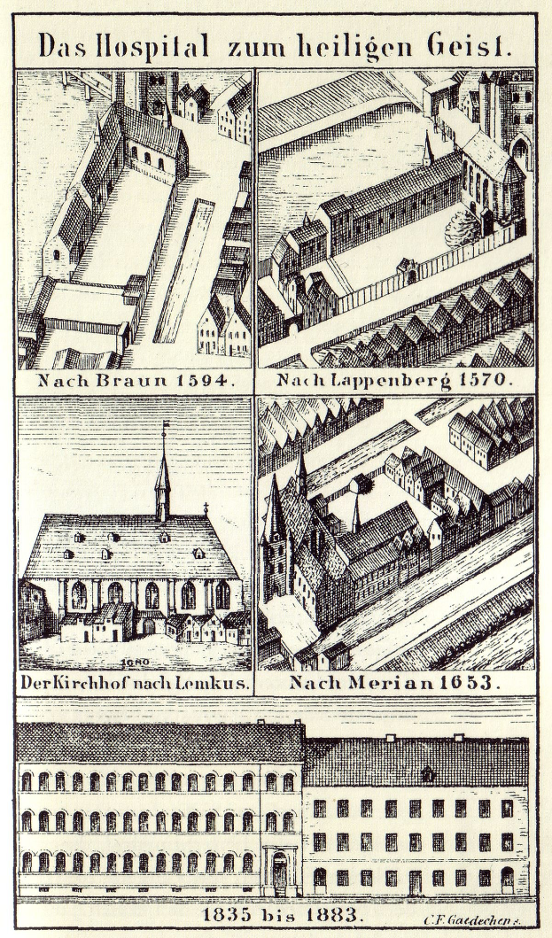 Eine detaillierte Plakatillustration eines deutschen Krankenhauskomplexes mit beschrifteten Gebäuden, Fenstern, Türen und Balkonen sowie begleitendem Text.