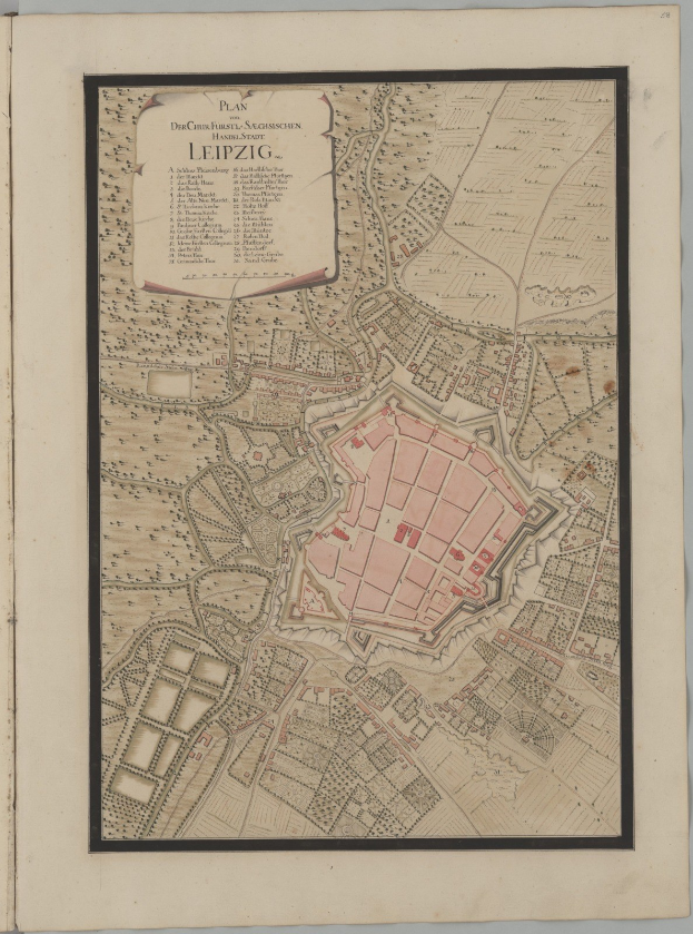 Ein detailliertes altes Buch mit einer Karte von Leipzig, Deutschland, mit sichtbarem Text, Straßen, Gebäuden und Sehenswürdigkeiten.