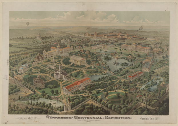 Luftaufnahme der Tennessee Centennial Exposition mit Gebäuden, Grünflächen, Wasser und einem Heißluftballon am Himmel, mit Text unten.