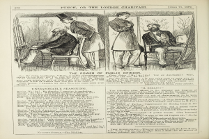 Ein altes Buch mit einer Illustration eines Mannes in einem Stuhl und einer Frau daneben, betitelt "Die Macht der öffentlichen Meinung."