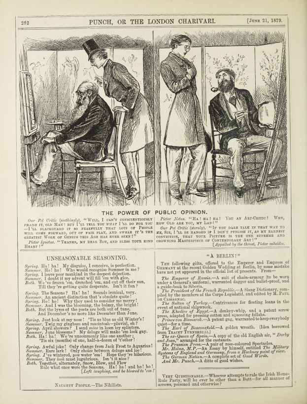 Ein altes Buch mit einer Illustration eines Mannes in einem Stuhl und einer Frau daneben, betitelt "Die Macht der öffentlichen Meinung."