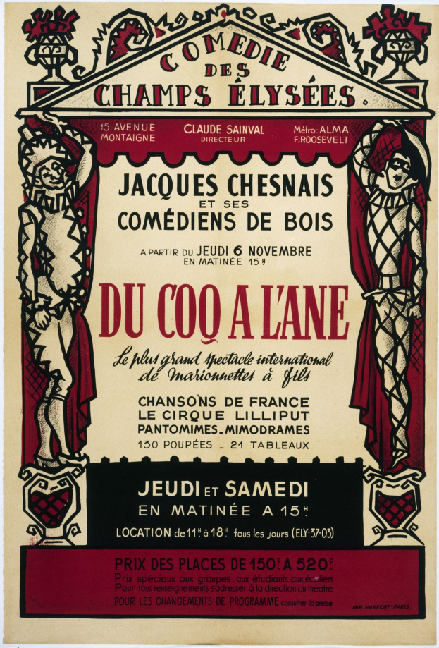 Plakat für eine Comedy-Show an den Champs-Élysées in Paris mit Text und Bildern.