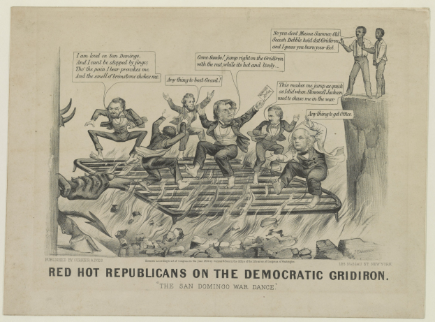 Ein Blatt Papier mit einer Zeichnung von roten Figuren auf einem Gitterfeld, deren Gesichter vor Wut verzerrt sind und die Arme erhoben haben, begleitet von fetter schwarzer Schrift.