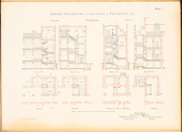 Altes Buch mit detaillierter architecturaler Zeichnung der Kaiser Friedrichs-Gymnasium in Frankfurt, Deutschland, einschließlich Räumen und Text auf dem Papier.